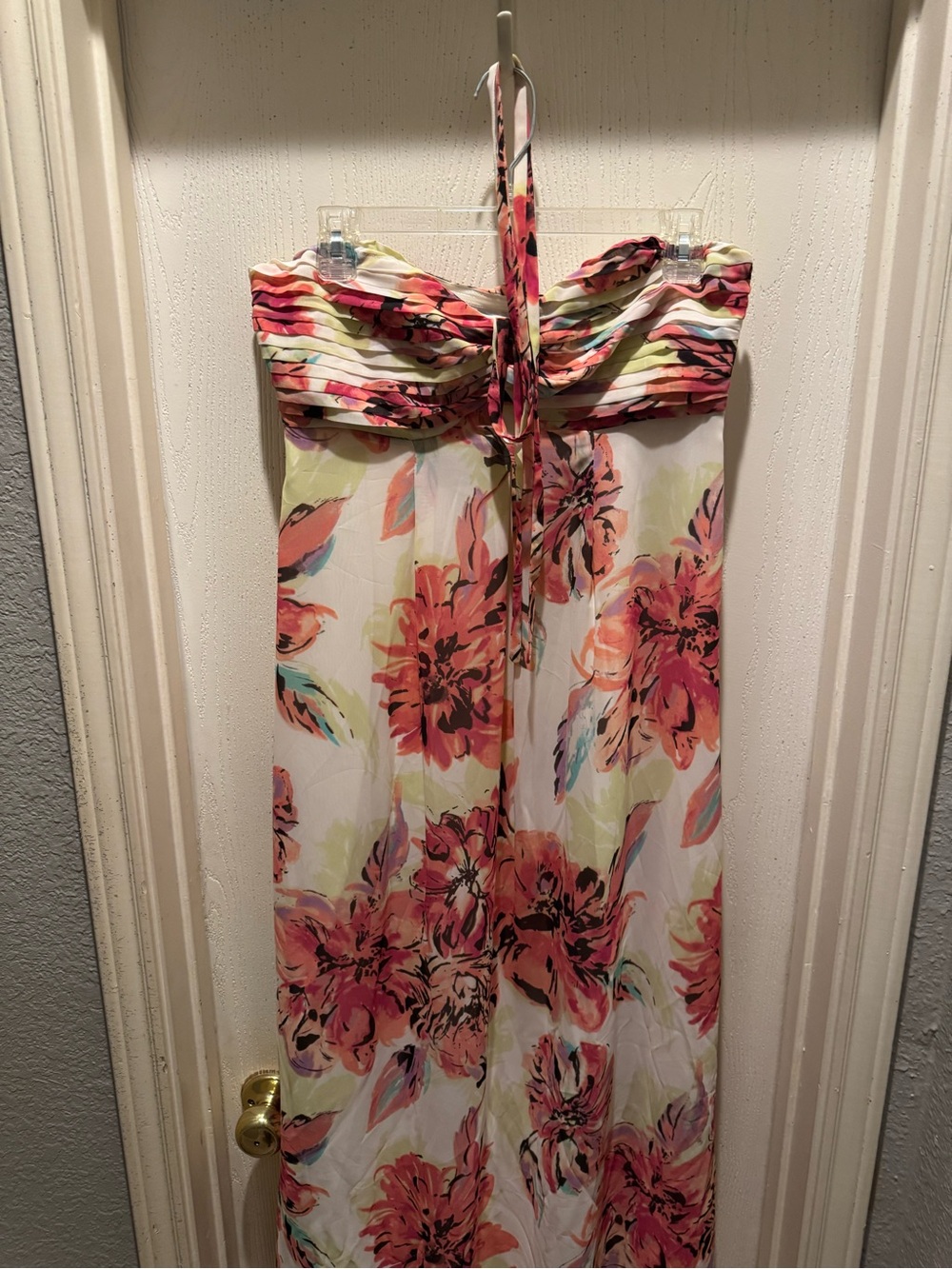 Others Follow White Floral Backless Maxi Dress with Pink and Green Accents
